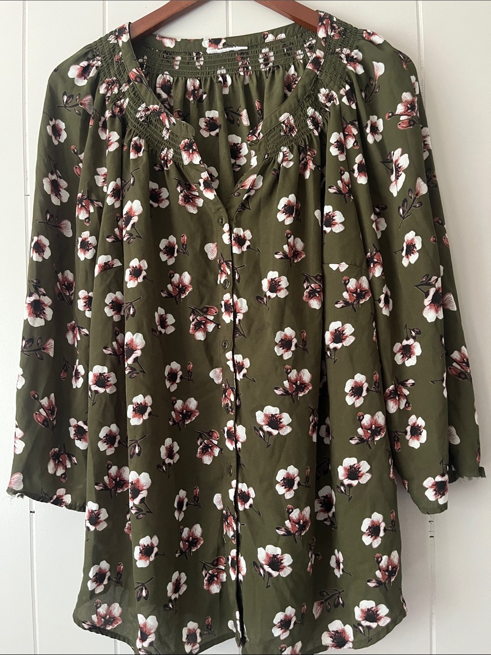 Olive Green Floral Button-Front Women's Top